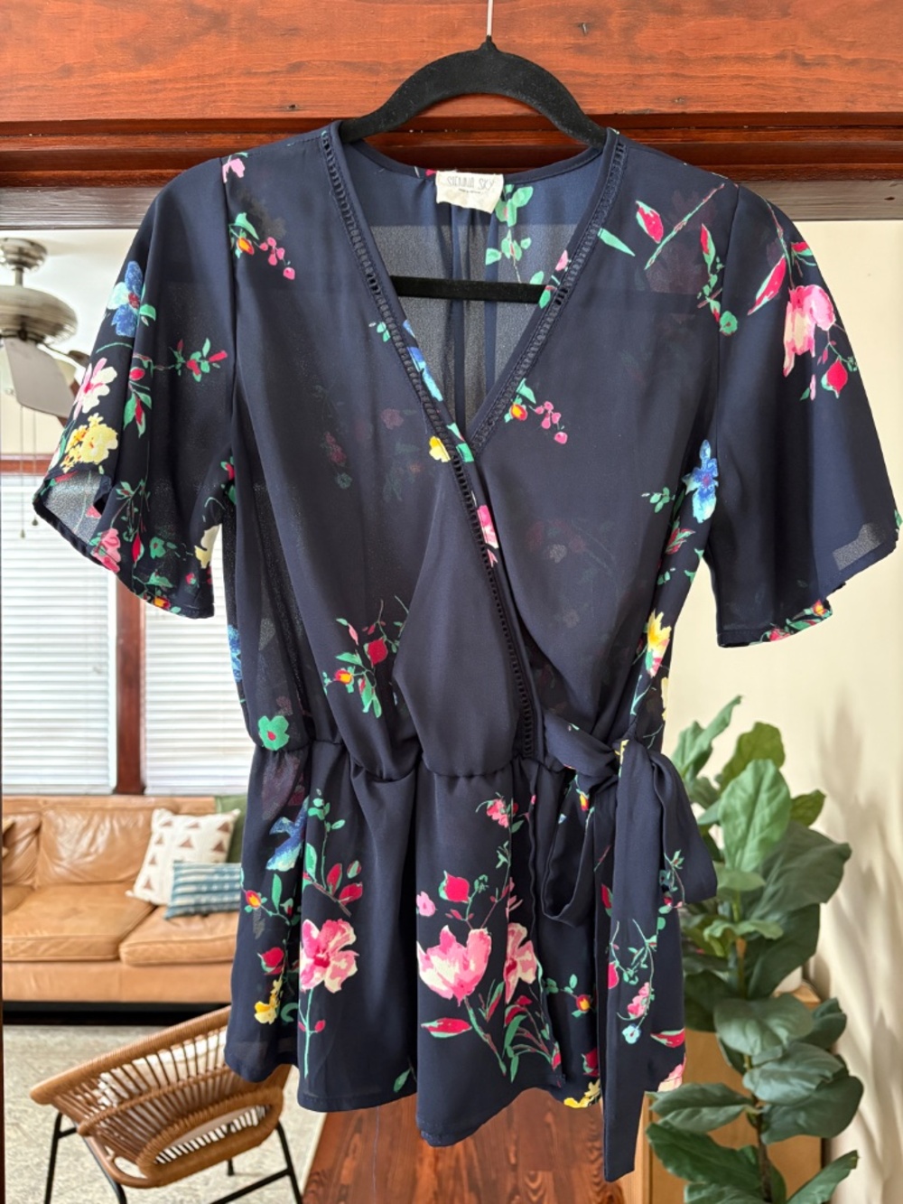 Navy floral faux wrap top